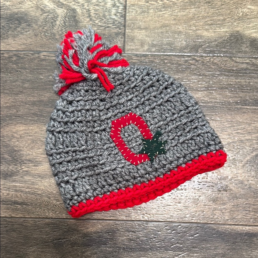 Handmade Ohio State Gray and Red Kids Pom-Pom Beanie